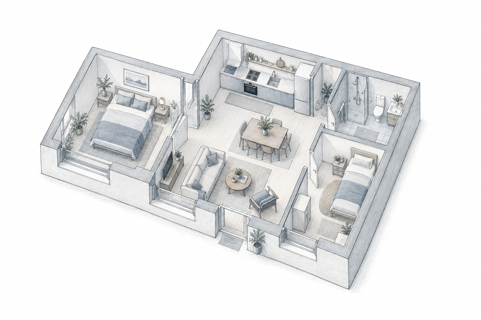 Architectural sketch of a furnished apartment with two bedrooms, a kitchen, living area and bathroom.